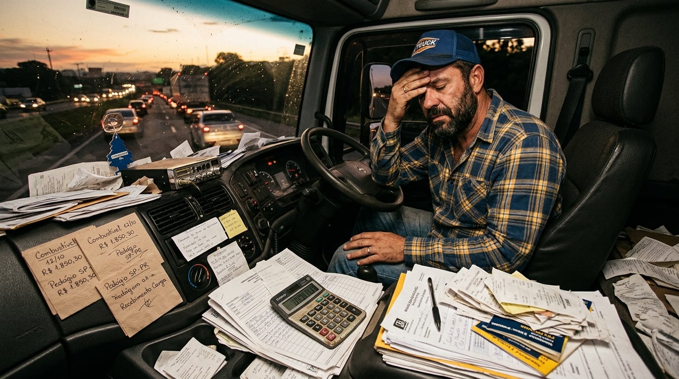 Motorista frustrado tentando calcular custos com anotações em papel