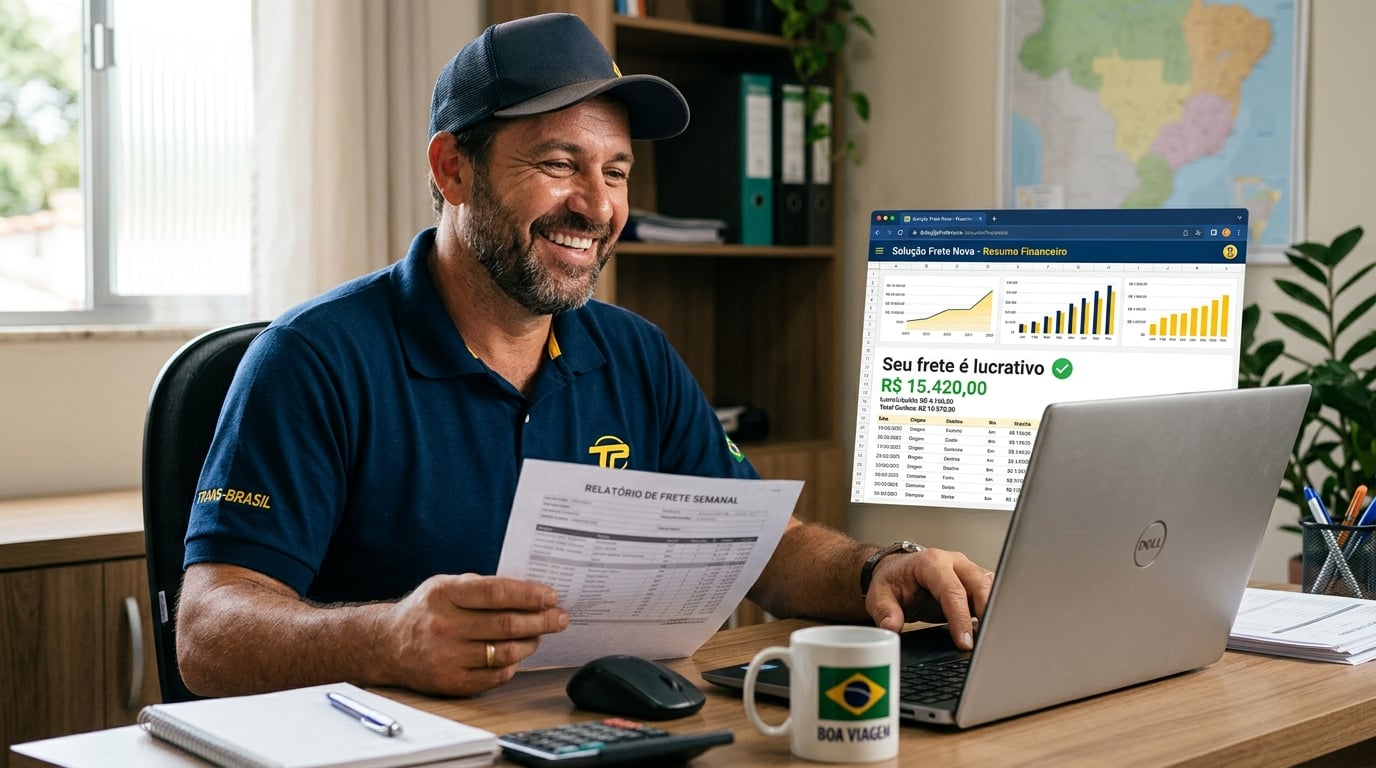 Motorista feliz conferindo resultados no computador
